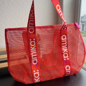 amika Hot Pink Mesh Tote with Logo Straps